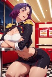 kiraamane ai_generated patreon seductive sexy uncensored watermark hi_res high_quality high_resolution yakumo_ezo mato_seihei_no_slave checkered checkered_floor 1girl checkered_background skirt race_queen breasts miniskirt navel epaulettes crossed_arms open_mouth purple_hair solo large_breasts short_hair tiles tile_floor black_skirt red_eyes jacket argyle midriff belt flag pencil_skirt blush cleavage smile black_jacket