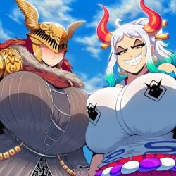 2026 2d 2girls ai_generated bigtub7775 breast_press crossover elden_ring female female_only from_below fromsoftware helmet huge_breasts malenia_blade_of_miquella massive_breasts one_piece red_hair tagme white_hair yamato_(one_piece)