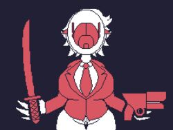 1girls solo solo_female monster monster_girl suit vagina pussy breasts katana gun masked_female masked 2d tagme game_cg mitruvian_van_(18+_edition) aplovestudio aplovestudio_(artist)