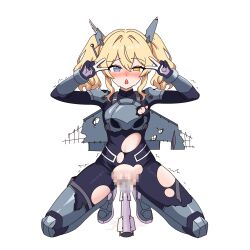 blonde_hair blue_eyes blush commentary_request damaged dassault_rafale_(personification) heart heart-shaped_pupils heterochromia highres kneeling mecha_musume missile object_insertion open_mouth original personification symbol-shaped_pupils torn_clothes trembling twintails user_ktfm2483 v vaginal vaginal_object_insertion wings yellow_eyes