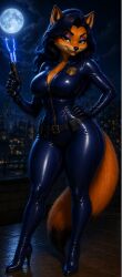 ai_generated carmelita_fox sly_cooper_(series) moon leather leather_clothing leather_suit cop police fox blue_hair big_breasts big_boobs busty busty_female