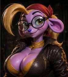 ai_generated sly_cooper_(series) mouse mouse_girl blonde_hair blonde_female blonde blonde-haired_female blonde_hair_female busty busty_female busty_girl big_breasts big_tits big_titties big_boobs big_boobies leather leather_clothing glasses