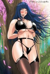 1girls against_tree ai_generated big_breasts blue_hair blush byakugan cherry_blossoms fit_female garter_belt garter_straps hime_cut hourglass_figure hyuuga_hinata latex latex_bra latex_clothing latex_panties long_hair looking_at_viewer milf narutofillers outside panties patreon_username posing shy stockings sweat tree uzumaki_hinata wide_hips