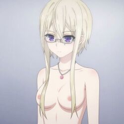 collar collarbone date_a_live hair_over_breasts indoors karen_nora_mathers medium_breasts nipples nude_filter platinum_blonde_hair purple_eyes screenshot screenshot_edit screenshot_of_video thin_arms thin_waist upper_body upvote wizard