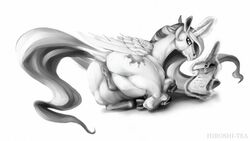 16:9 2013 alicorn alternate_version_at_source anus cutie_mark equine feathered_wings feathers female feral friendship_is_magic hiroshi-tea horn looking_at_viewer looking_back loose_feather lying magic mammal monochrome my_little_pony princess_celestia_(mlp) pussy quill scroll solo wings