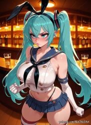 1girl 2026 ai_generated alcohol anime aqua_eyes aqua_hair bar_(place) bare_shoulders black_panties blue_skirt blush boobs breasts cleavage clenched_hands collarbone cosplay cowboy_shot crop_top crossover cup elbow_gloves female female_focus flushed gloves hair_accessory hairband handwear hatsune_miku highleg highleg_panties highres huge_breasts indoors inside large_breasts long_hair microskirt midriff miniskirt navel nsfw panties patreon patreon_logo patreon_username pigtails pleated_skirt rognezart sailor_collar shimakaze_(kancolle) shimakaze_(kancolle)_(cosplay) skindentation skirt solo striped striped_thighhighs thick_thighs thighhighs thighs thong twintails underwear very_long_hair vocaloid web_address white_gloves
