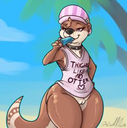 berry_ranieri bottomless clothed clothing collar dessert english_text female flat_chested food fur furry furry_only hat ice_cream looking_at_viewer mammal mustelid otter partially_clothed popsicle pussy red_eyes semi-anthro solo tail text thick_thighs thunder_thighs topwear wide_hips xilrayne