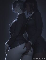 nyx_x ai_generated breasts nipple_piercing nipples ass skirt blue_eyes short_hair 2girls black_panties black_hair jacket ass_grab long_hair multiple_girls black_jacket panties underwear clothes_lift yuri skirt_lift cowboy_shot dark piercing red_eyes bangs long_sleeves pencil_skirt collared_shirt suit shirt looking_at_viewer skirt_suit red_lips formal black_skirt white_shirt open_clothes looking_back standing parted_lips medium_breasts lips miniskirt necktie