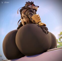 3d_(artwork) anthro ass ass_focus big_ass black_fur blender canine claws clothing diorenders dire_(fortnite) epic_games fortnite furry hand_on_ass huge_ass hyper hyper_ass looking_at_viewer male sitting video_game_character wolf