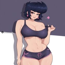 1girl ai_generated bibi_(brawl_stars) black_hair black_shorts brawl_stars breasts cleavage clothes_pull crop_top curvy dolphin_shorts earrings front_view grin jewelry kimonobs large_breasts looking_at_viewer navel pulling_own_clothes shadow short_hair short_shorts shorts smile solo stomach supercell tagme wide_hips