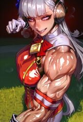 sweaty_body sweaty sweating sweatdrop wet_body wet shiny_skin maddogai ai_generated 1girl solo long_hair breasts looking_at_viewer smile large_breasts gloves dress bow animal_ears purple_eyes tail grey_hair pantyhose sweat teeth sleeveless white_gloves blunt_bangs pink_eyes grin red_bow sleeveless_dress muscular horse_ears horse_girl red_dress grass red_bowtie horse_tail armband veins muscular_female biceps flexing pillbox_hat gold_ship_(umamusume) umamusume umamusume_pretty_derby