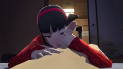 1boy 1girl amagi_yukiko balls_fondling bangs black_hair blush handjob hotel_room licking_balls persona persona_4 red_hairband schoolgirl seductive_look short_bangs uriziel38 yukiko_amagi