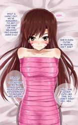 bare_shoulders blizzard_entertainment blush bondage bound closed_mouth d.va dialogue female femsub jitan777 long_hair looking_at_viewer overwatch restrained speech_bubble tape tape_bondage text wrapped