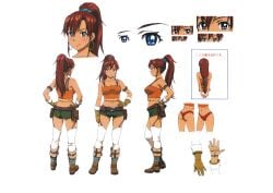 1girls female female_only pose posing busty big_breasts voluptuous sexy sensual alternate_hairstyle ass bellows_(suisei_no_gargantia) blue_eyes breasts cleavage concept_art earrings feet from_behind from_side gloves hand_on_hip hands_on_hips highres japanese_text jewelry large_breasts legs long_hair looking_at_viewer low_ponytail midriff multiple_views navel official_art ponytail red_hair scan shorts sideboob smile solo suisei_no_gargantia tank_top thighs thong traditional_media translation_request whale_tail