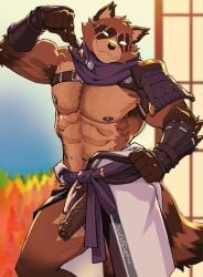 1boy abs animal_ears artist_name bara bonfiredemon claws closed_mouth dated english_commentary facing_viewer flaccid foreskin fortnite furry furry_male hajime_(fortnite) hand_on_own_hip highres male_focus multiple_scars muscular muscular_male nipples paid_reward_available pectorals penis pointing pointing_down purple_scarf raccoon_boy raccoon_ears raccoon_tail scar scar_across_eye scar_on_face scarf shouji sliding_doors smile tail