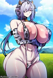 1girl 2026 abs ai_generated alternate_breast_size alternate_costume animal_ears animal_print areola_slip arknights bare_shoulders bell bikini blue_sky breasts cloud covered_nipples cow_ears cow_girl cow_horns cow_print cow_print_bikini cowbell cowboy_shot curvy day elbow_gloves eyes_visible_through_hair fake_animal_ears frown gladiia_(arknights) gloves grass grey_hair hair_over_one_eye horns huge_breasts large_areolae long_hair looking_at_viewer lumarabbit muscular navel neck_bell o-ring one-piece_swimsuit outdoors pale_skin patreon_username pointy_ears print_bikini print_gloves red_eyes shiny_skin sky slingshot_swimsuit solo standing swimsuit thick_thighs thighs watermark