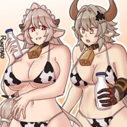 alexandrina_sebastiane caesar_king caesar_king_(zenless_zone_zero) cow_print cow_print_bikini long_hair multiple_girls rukotaro zenless_zone_zero