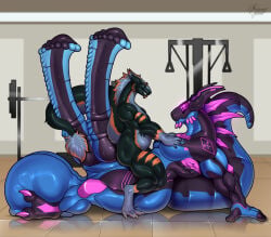 agrax_(kallkopf) animal_genitalia animal_penis anthro balls big_balls big_penis duo equine_genitalia equine_penis erection friztwolf genitals hi_res huge_balls huge_penis hyper hyper_balls hyper_genitalia hyper_penis knot knotted_penis male male/male medial_ring multi_genitalia multi_penis penis sergal sheath sitting sitting_on_another size_difference synth_(vader-san)