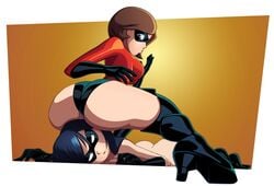 2girls armwear ass big_ass bodysuit boots clothed clothing disney edit elastigirl eyewear facesitting female female_only footwear gloves gold_background gradient_background handwear helen_parr huge_ass incest large_ass legwear long_boots long_gloves mask mother_and_daughter multiple_girls nude pixar ravenravenraven smooth_skin superheroine the_incredibles thighhigh_boots thighhighs thunderthighs violet_parr white_background yuri