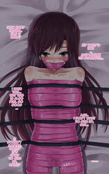 bare_shoulders blizzard_entertainment blush bondage bound d.va female femsub forced forced_orgasm gag gagged helpless jitan777 lights_off long_hair overwatch restrained solo strapped_down sweat tape tape_bondage tape_gag taped_mouth tears text vibrator wrapped