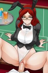 ai_generated ai_jago_dibuja red_hair green_eyes sophie_(living_with_hipstergirl_and_gamergirl) living_with_hipstergirl_and_gamergirl large_breasts pussy glasses leotard leotard_aside bowtie tuxedo_jacket tuxedo bunny_ears bunny_girl waitress poker_table casino unamused covered_breasts legs_apart legs_open sex vaginal vaginal_penetration vaginal_sex male_penetrating_female leaning_back on_table serving_tray drink partially_clothed partially_clothed_female partially_clothed_male pov bored bored_expression
