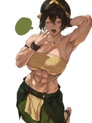 1girls abs armpit_fetish armpits arms_up avatar_the_last_airbender black_hair blind cataracts clothed clothing enargeia female female_only large_breasts muscular muscular_female solo taiyang_yu the_legend_of_aang toned toned_female toph_bei_fong tubetop yawn