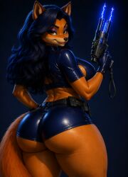 ai_generated carmelita_fox fox booty booty_shorts big_ass big_butt big_booty blue_hair leather leather_clothing police cop sly_cooper_(series)