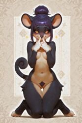 1girls ai_generated alolan_rattata anthro_female black_fur black_sclera chedder_(scorpianpp) female generation_1_pokemon hair_bun mouse_girl orange_eyes original_character pokemon pokemon_(species) purple_hair rattata scorpianpp self_upload short_hair stable_diffusion