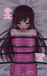 bare_shoulders blizzard_entertainment blush bondage bound d.va female femsub forced forced_orgasm gag gagged helpless jitan777 lights_off long_hair looking_at_viewer motion_lines overwatch restrained solo strapped_down sweat tape tape_bondage tape_gag taped_mouth text vibrator wrapped