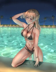 1girls arm_up armpit_crease ass_visible_through_thighs bang_dream! bikini bikini_bottom bikini_top black_bikini black_bikini_bottom black_bikini_top blonde_hair bracelet bracelets breasts bush cleavage climbing coconut_tree collarbone double-parted_bangs earrings ears eyebrows_visible_through_hair female female_focus female_only full_body furiousghafo hair_lift half_updo hand_behind_head hand_on_ground hedge kneeling large_breasts lips long_hair looking_aside lounge_chair lower_teeth lower_teeth_only multi-strapped_bikini multi-strapped_bikini_bottom multi-strapped_bikini_top navel night night_sky open_mouth outdoors partially_submerged pool poolside portrait purple_eyes reflection reflective_water shirasagi_chisato sidelocks solo solo_female starry_sky teeth thighs tree very_high_resolution wall_lamp water wet wet_body wet_floor