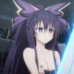 black_bow_tie date_a_live determined expression hair_over_breasts holding_object holding_sword medium_breasts nude_filter outdoors purple_eyes purple_hair purple_hair_ribbon screenshot_edit screenshot_of_video yatogami_tohka