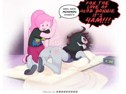 2girls adventure_time alarm_clock angry anus ass bed bedroom black_hair bluebreed bottomless canon_couple carpet clock demonic_eyes english_text fangs female female_only futon grey_skin highres long_hair marceline multiple_girls nude open_mouth pale_skin pillow pink_hair pink_skin pointy_ears princess_bubblegum pussy red_eyes slippers spank_marks spanked spanking speech_bubble text vagina vampire yuri