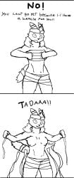 anthro breasts clothing comic dialogue eeveelution exposed_breasts female generation_2_pokemon hi_res kata_(xerg-7) monochrome nintendo nude pokemon pokemon_(species) presenting simple_background solo standing torn_clothing umbreon xerg-7