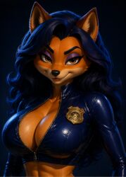 ai_generated sly_cooper_(series) carmelita_fox fox fox_ears fox_girl blue_hair female female_only police police_uniform policewoman police_officer cop busty busty_female big_breasts big_boobs big_tits big_titties boobs tits breasts leather leather_clothing leather_suit