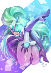 1girls 2010s 2018 5_fingers ass bodysuit camel_toe cameltoe closed_mouth clothing dj dj_sona dj_sona_kinetic female female_only flowing_hair futuristic futuristic_clothing green_hair hand_on_leg hand_on_thigh helmet helmet_with_visor high_heels human human_only jpeg league_of_legends lips long_hair one_leg_up pink_lips pink_lipstick posing posing_for_the_viewer presenting_pussy purple_clothing purple_rubber rubber rubber_clothing rubber_suit shiny_clothes signature sitting solo sona_buvelle sparkles tetisuka