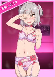 1boy androgynous arms_up blush border bra bulge bulge_through_clothing bulge_through_underwear chocker collarbone colored_lips cowboy_shot crotch_seam double-parted_bangs eyebrows_visible_through_hair femboy femenine_male floral_print floral_print_bra floral_print_panties flower_bra flower_choker flower_panties flower_underwear garter_belt garter_straps girly gozaru grey_hair groin hair_between_eyes hair_clip hair_tie hand_on_chest hand_on_face indoors japanese_text lace-trimmed_bra lace-trimmed_choker lace-trimmed_garter_belt lace-trimmed_legwear lace-trimmed_panties lace-trimmed_thighhighs lace-trimmed_underwear lips looking_at_viewer male male_focus male_only navel one_eye_covered open_mouth orange_eyes original otoko_no_ko painting_(object) panties penis pink_bra pink_choker pink_garter_belt pink_garter_straps pink_panties pink_thighhighs pink_underwear portrait pubic_tattoo short_hair shy solo solo_male standing steam steamy thighhighs third-party_edit tongue twintails underwear underwear_only very_high_resolution wall wall_lights