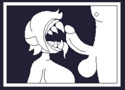 1boy 1girls 2d aplovestudio aplovestudio_(artist) blowjob breasts fellatio game_cg high_risk_high_reward licking licking_penis mitruvian_van_(18+_edition) monster monster_girl oral pixel_art sharp_teeth side_view side_view_fellatio tagme tits