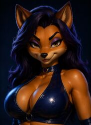 ai_generated carmelita_fox sly_cooper_(series) fox fox_ears fox_girl blue_hair leather leather_clothing tits boobs breasts big_breasts big_titties big_boobs big_boobies