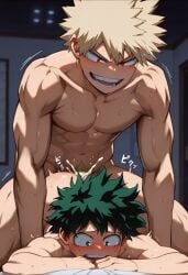ai_generated comfyui stable_diffusion gay male male/male anal muscular muscular_male sweat oiled shiny_skin ass_focus from_behind ahegao tongue_out drooling cum_drip intense_sex my_hero_academia deku izuku_midoriya katsuki_bakugou bakugou_katsuki