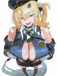 1girl 2d bare_shoulders blonde_hair breasts checkered_tie cissia_(zenless_zone_zero) cleavage collar color colored cop_hat cop_uniform cuffs detached_sleeves fangs female female_only gloves green_tie hair_between_eyes hair_clip hair_ornament hintobento long_hair looking_at_viewer open_mouth orange_eyes play_button police_hat police_uniform policewoman pom_pom_hair_ornament pressing_breasts pubsec skirt small_skirt smiling snake snake_girl snake_tail solo solo_female tail thiren tie tracking_collar white_body white_gloves white_snake zenless_zone_zero