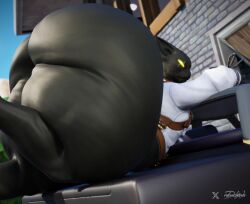 3d_(artwork) anthro ass ass_focus azuki_(fortnite) big_ass black_fur blender cat clothing diorenders epic_games fat_ass feline fortnite furry huge_ass hyper hyper_ass laying_down looking_at_viewer male male_focus narrowed_eyes scars video_game_character yellow_eyes