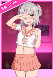 gozaru original very_high_resolution portrait cowboy_shot standing japanese_text border third-party_edit indoors pubic_tattoo painting_(object) steam steamy wall wall_lights 1boy male male_only male_focus solo solo_male femboy femenine_male girly androgynous otoko_no_ko grey_hair twintails hair_tie hair_clip short_hair double-parted_bangs hair_between_eyes eyebrows_visible_through_hair orange_eyes blush shy open_mouth looking_at_viewer tongue lips colored_lips hand_on_face one_eye_covered arms_up hand_on_chest collarbone navel groin school_uniform serafuku sailor_collar short_sleeves neckerchief sailor_shirt white_shirt orange_sailor_collar crop_top nipples_visible_through_clothing nipple_bulge nipples skirt miniskirt pleated_skirt orange_skirt