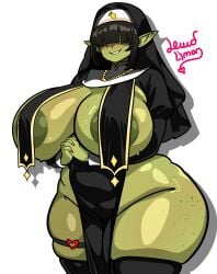 1female 1girls 2d 2d_(artwork) 2d_artwork almost_naked almost_nude artist_logo artist_name big_breasts black_hair blush blushing blushing_female breasts breasts_bigger_than_head color commission digital_drawing digital_drawing_(artwork) digital_media digital_media_(artwork) female female_focus female_only freckles freckles_on_ass front_view goblin goblin_female goblin_girl green_areola green_body green_skin hair_over_eyes huge_breasts large_breasts lewdlimon no_background nun nun_hat nun_headdress nun_outfit original original_character praying praying_hands short_hair shy shy_expression shy_female shy_smile simple_background solo solo_female solo_focus thick thick_thighs white_background wide_hips