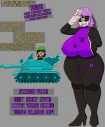 2girls abrahamslapper cyn_(murder_drones) dialogue female female_only forced_submission fully_clothed hype_ass hyper hyper_breasts making_fun_of murder_drones nipples nipples_visible_through_clothing pussy_visible_through_clothes salute slave slut_shaming submissive_female tank text text_box uzi_(murder_drones)