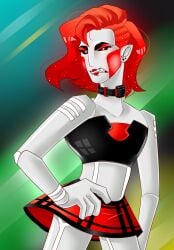 1010 1boy alternate_hairstyle angry blush crop_top crossdressing ear_piercing eyeshadow feminization forced hair_down humiliation lipstick makeup male male_only no_straight_roads piercing robot robot_boy sharp_teeth shock_collar skirt solo zimelu_(no_straight_roads)