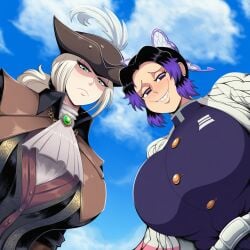 2026 2girls ai_generated bigtub7775 bloodborne breast_press crossover demon_slayer from_below fromsoftware kimetsu_no_yaiba kochou_shinobu lady_maria_of_the_astral_clocktower tagme