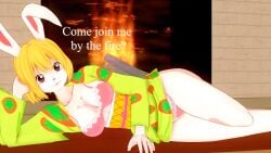 3d blonde_hair bra bunny_ears bunny_girl carrot_(one_piece) dialogue female female_only fire fire_place koikatsu laying_down one_piece open_clothes panties perfect_idiot text white_fur