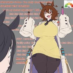 2girls agnes_tachyon_(umamusume) ahoge animal_ears big_breasts black_hair black_pantyhose breasts brown_hair coat commentary cortisol_level_(meme) english_commentary english_text grey_background hair_between_eyes highres holding holding_test_tube horse_ears horse_girl huge_breasts in_heat khaio lab_coat looking_at_another manhattan_cafe_(umamusume) meme multiple_girls open_clothes open_coat open_mouth pantyhose plump red_eyes sleeves_past_fingers sleeves_past_wrists smile sweater test_tube thick_thighs thighs umamusume when_you_see_it white_coat wide-eyed yellow_sweater