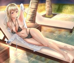 1girls alcohol arm_up armpit_crease armpits bang_dream! barefoot bikini bikini_bottom bikini_top black_bikini black_bikini_bottom black_bikini_top blonde_hair breasts bush cleavage closed_mouth coconut_tree double-parted_bangs drinking_glass earrings ears eyebrows_visible_through_hair female female_focus female_only full_body furiousghafo glass hair_ribbon half_updo hedge holding holding_cup large_breasts lips long_hair long_sleeves looking_aside lounge_chair lying lying_on_chair multi-strapped_bikini multi-strapped_bikini_bottom multi-strapped_bikini_top navel night night_sky on_side outdoors poolside purple_eyes robe shadow shirasagi_chisato sidelocks smile solo solo_female teeth thighs tile_floor tree very_high_resolution wall_lamp white_robe wine wine_glass
