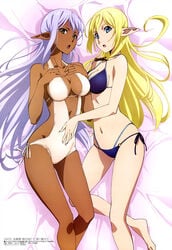 2girls bed blonde_hair dark_elf elf female gate_-_jieitai_ka_no_chi_nite_kaku_tatakaeri green_eyes in_bed looking_at_viewer multiple_girls swimsuit tuka_luna_marceau white_hair worried yao_haa_dushi yellow_eyes